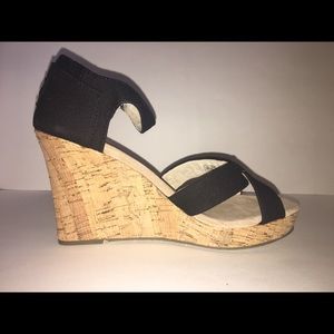 Tom’s black canvas cork women’s strappy wedges